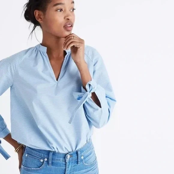 Madewell Powder Blue Striped Cotton Bow Sleeve Top - Picture 2 of 6